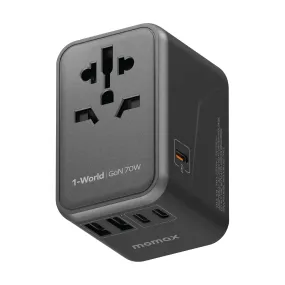 1-World 70W GaN Universal Travel Charger, black