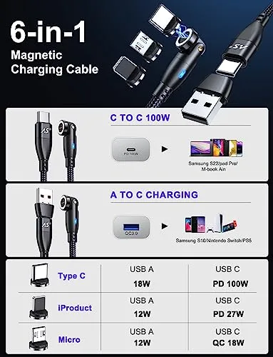 100W 540 Rotation Magnetic Charging Cable 3FT/6FT-2Pack, USB C to USB C Cable Fast Charge Magnetic USB C Charging Cable, Magnetic Charge Cable, Data Transfer Capable, Compatible with All Devices