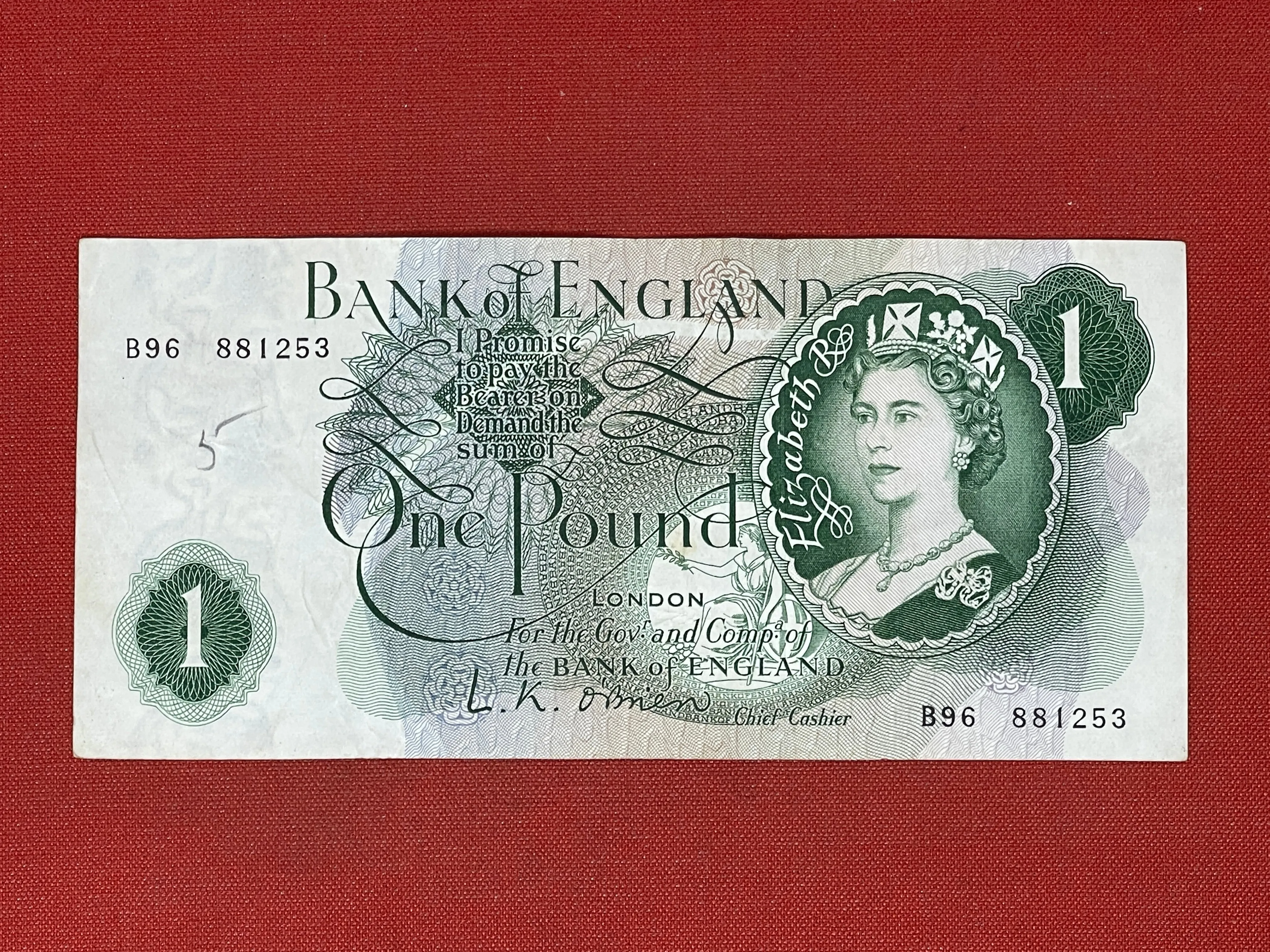 1960 - 1963 Bank of England L K O'Brien Green £1 One Pound Banknote