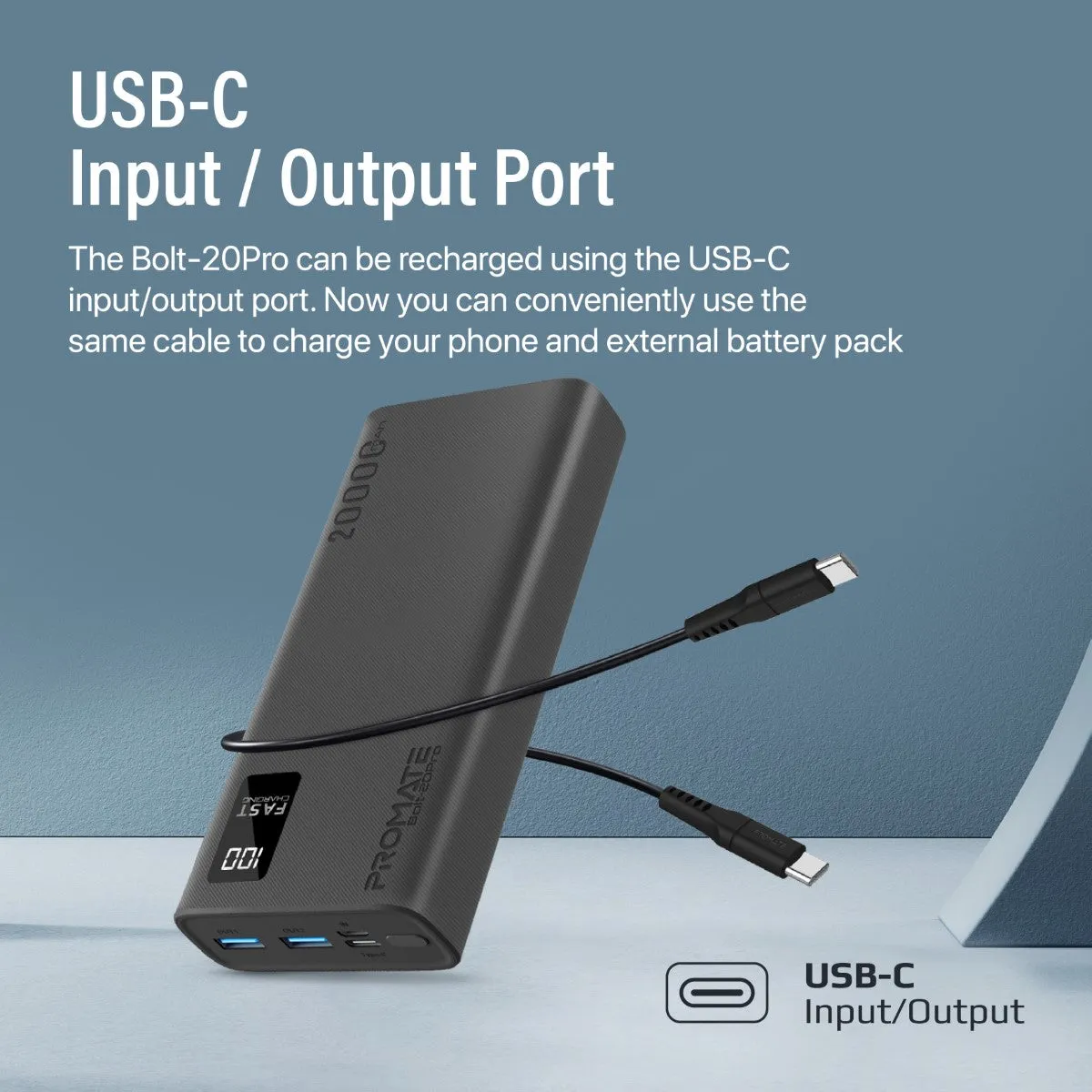 20000mAh Compact Smart Charging Power Bank with Dual USB-A & USB-C Output