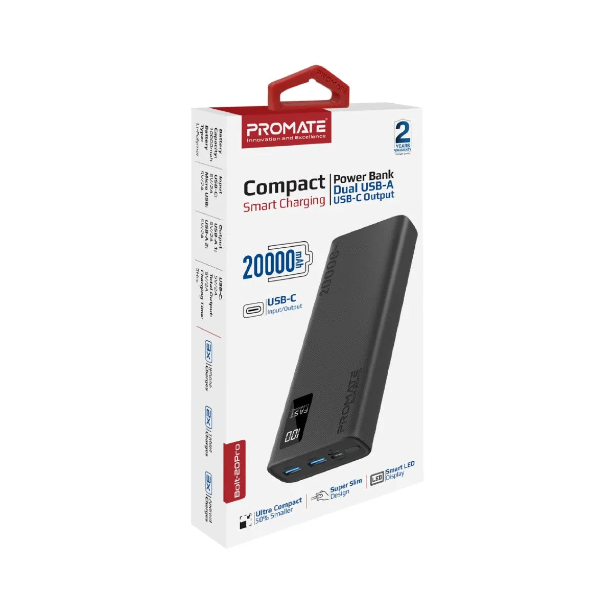 20000mAh Compact Smart Charging Power Bank with Dual USB-A & USB-C Output