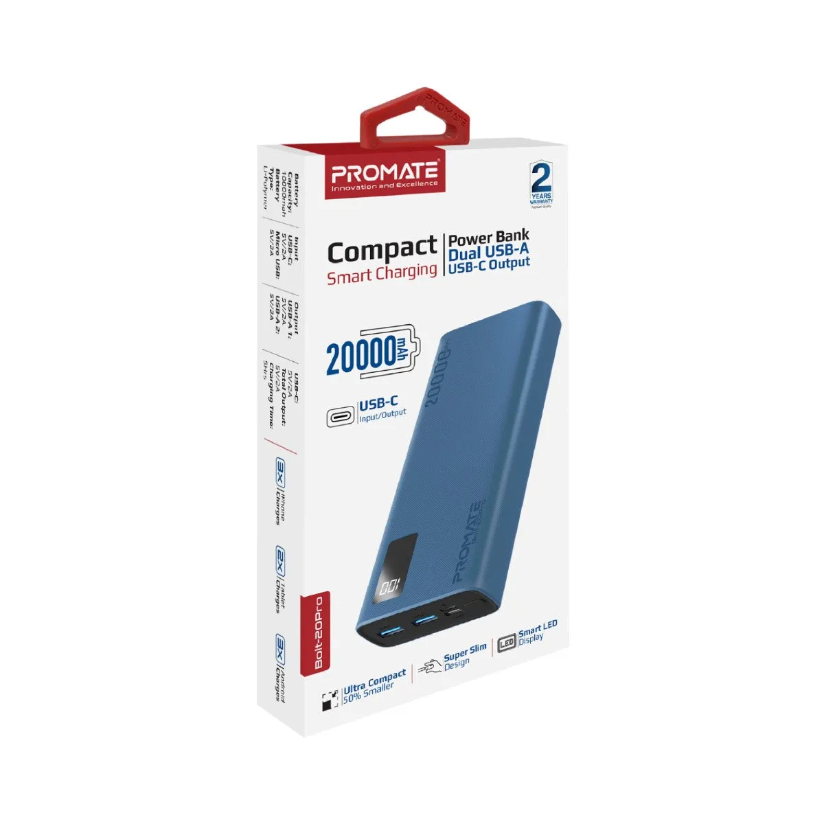 20000mAh Compact Smart Charging Power Bank with Dual USB-A & USB-C Output