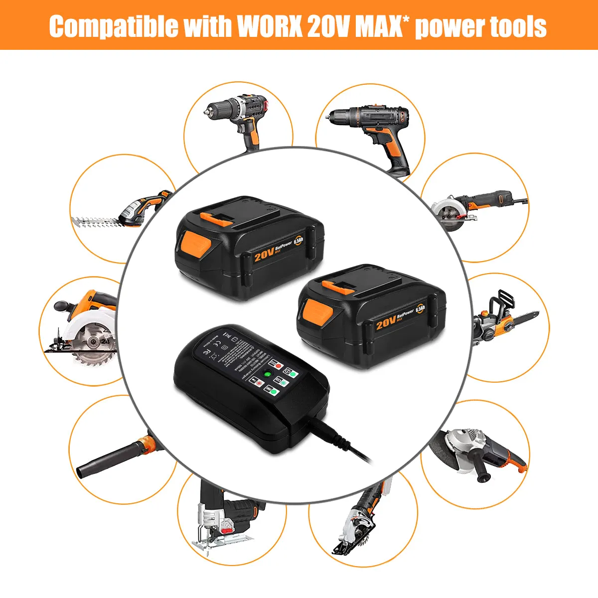 20V 6.5Ah WA3578 Extended Capacity Battery with Charger Kit Replacement for WORX 20V Battery and Charger Combo 20V 5.0Ah 4.0 Ah 3.0 Ah 2.0Ah Battery