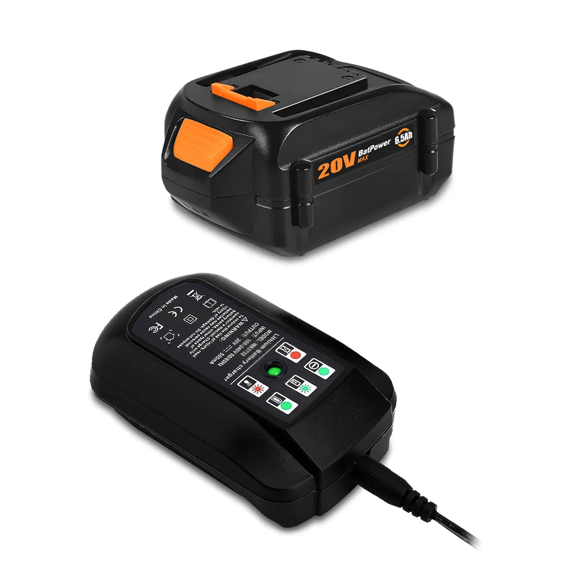 20V 6.5Ah WA3578 Extended Capacity Battery with Charger Kit Replacement for WORX 20V Battery and Charger Combo 20V 5.0Ah 4.0 Ah 3.0 Ah 2.0Ah Battery