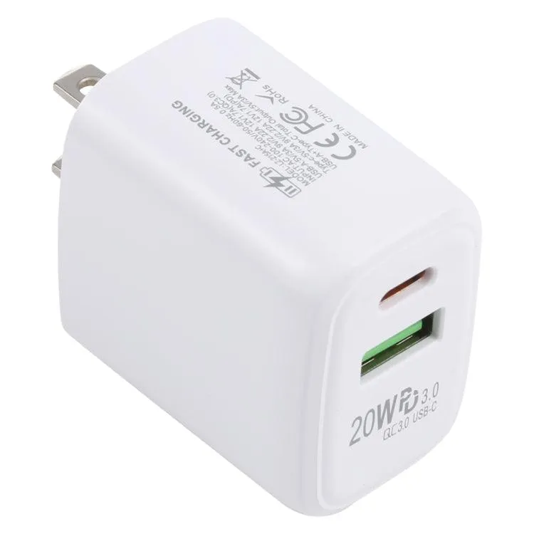 20W Dual USB-C Fast Charging Travel Charger with QC 3.0 and PD 3.0, US Plug