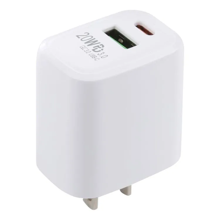 20W Dual USB-C Fast Charging Travel Charger with QC 3.0 and PD 3.0, US Plug