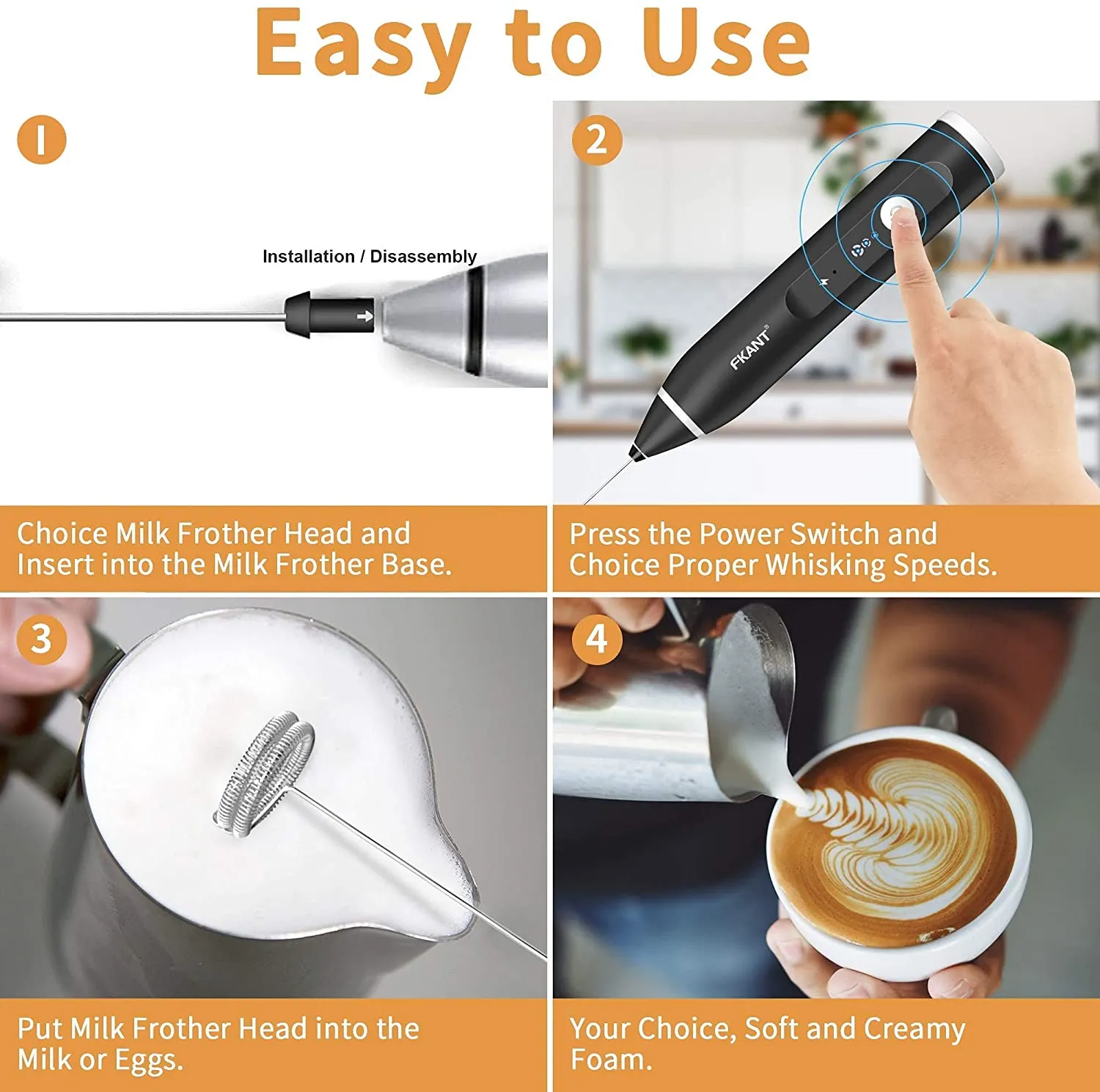 3-Speed Rechargeable Milk Frother, Handheld, USB, Silver