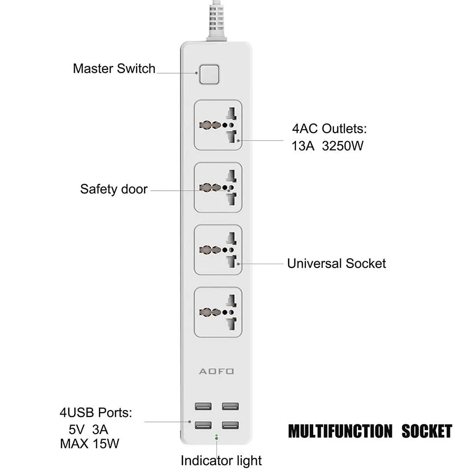 4-Outlet Universal Power Strip, with 4 USB Charging ports Home/Office Surge Protector with 5.9ft Extension Cord