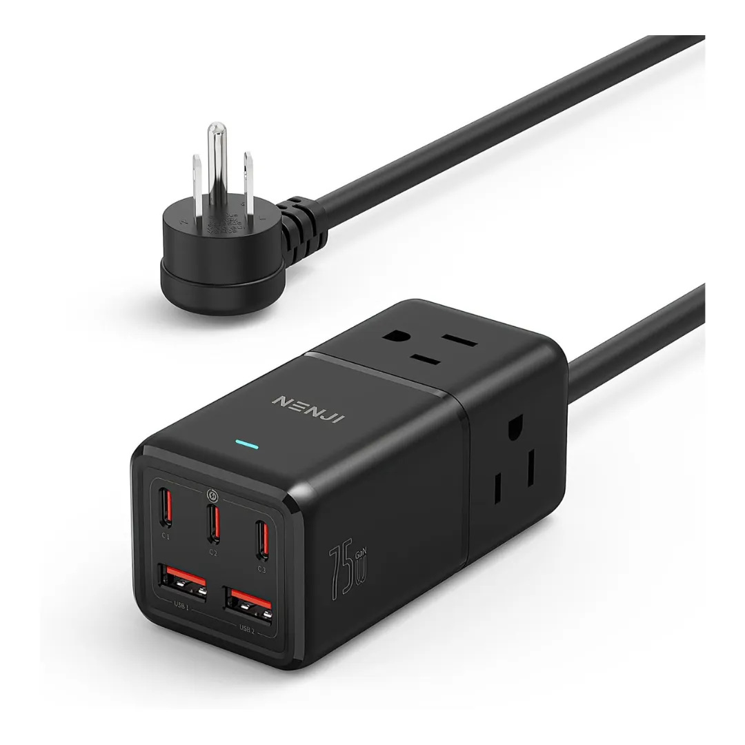 75W GaN 5 USB Port And 3 AC Outlet Fast USB C Charger