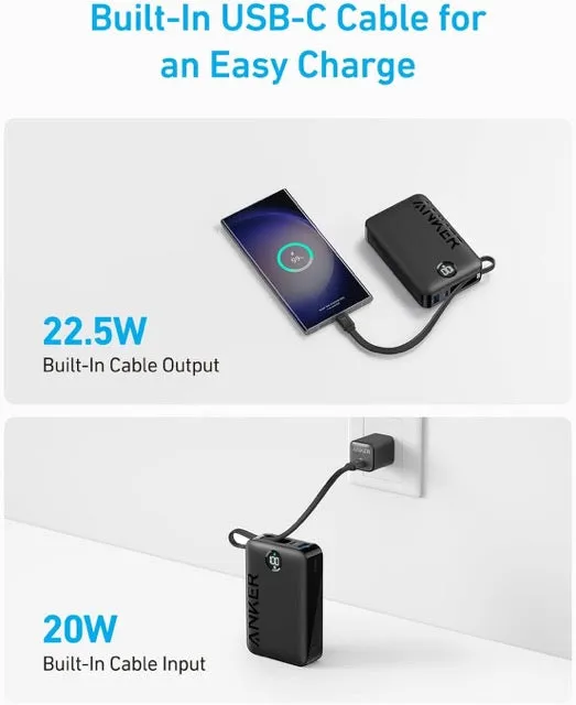 Anker Power Bank Battery Pack, 20,000mAh 22.5W High Speed Charging Portable Charger with Built-in USB C Cable, 1 USB-C, 1 USB-A A1647H11 (Black)