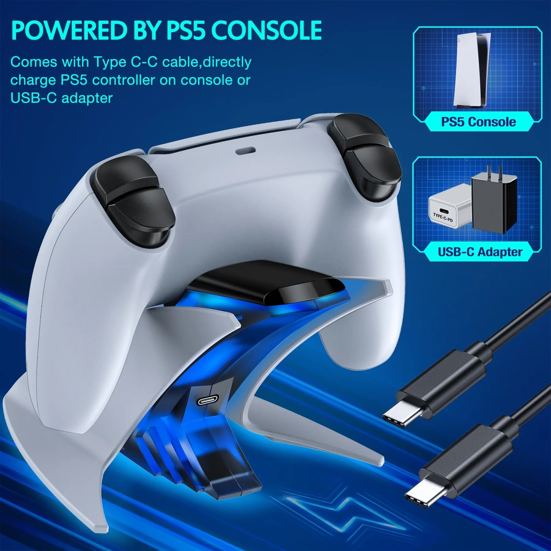 BEBONCOOL Dual Controller Charger For PS5 Charging Dock Station For Playstation 5 Dualsense Controllers with USB C Cable For PS5