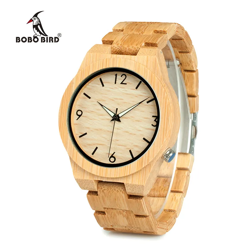 BOBO BIRD WD27 Bamboo Wooden Watch for Men Unique Lug Design Top Brand Luxury Quartz Wood Band Night Green Pointer Wrist Watches