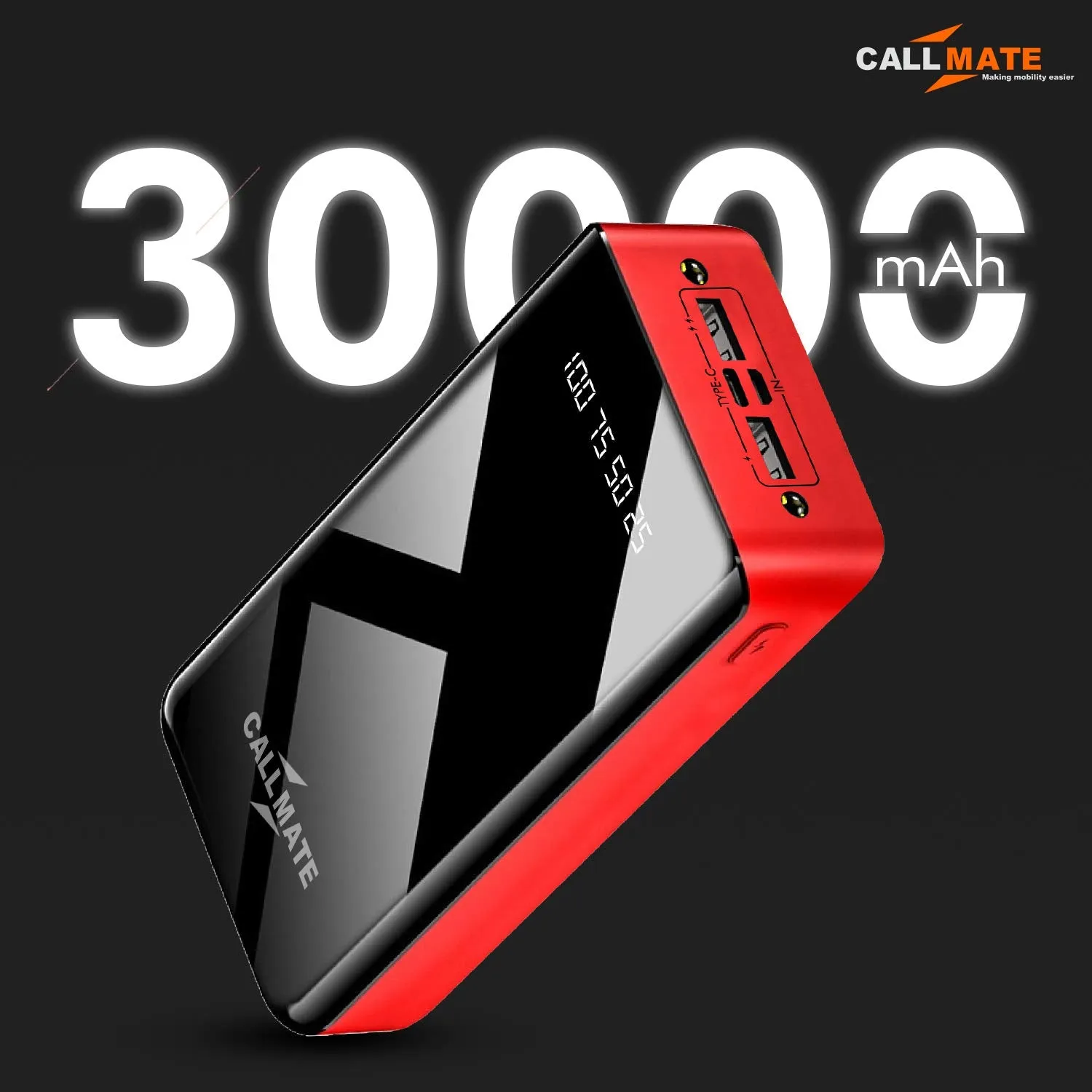 CALLMATE 30000Mah High Capacity Power Bank,15W Charging|Digital Display|2 USB Output Ports&2 Input|Led Torch| Multi-Layer Protection for iPhone&Smartphones(Red,Lithium Polymer)?Red