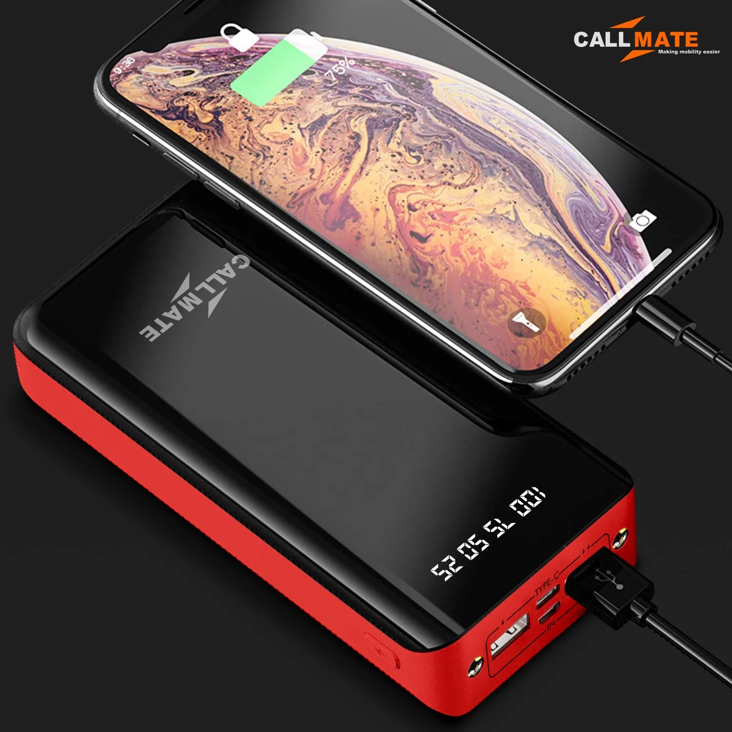 CALLMATE 30000Mah High Capacity Power Bank,15W Charging|Digital Display|2 USB Output Ports&2 Input|Led Torch| Multi-Layer Protection for iPhone&Smartphones(Red,Lithium Polymer)?Red