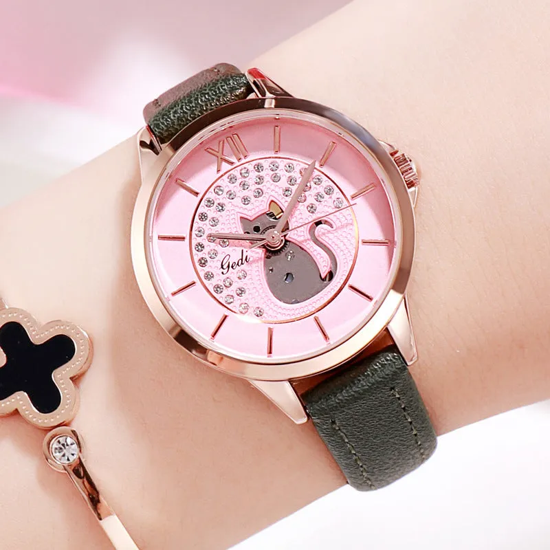 Cat Pattern Diamond Dial Women's Watch