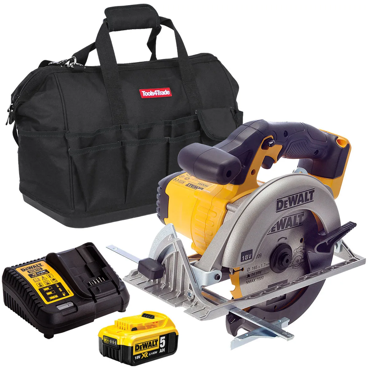 Dewalt DCS391N 18V 165mm Premium Circular Saw with 1 x 5.0Ah Batteries & Charger in Bag