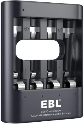 EBL LN-6454 iQuick Fast Charging Battery Charger with Built in Overcharging Protection, LED Status Indicator Lights, and Micro USB Input Port for AA and AAA Rechargeable Batteries