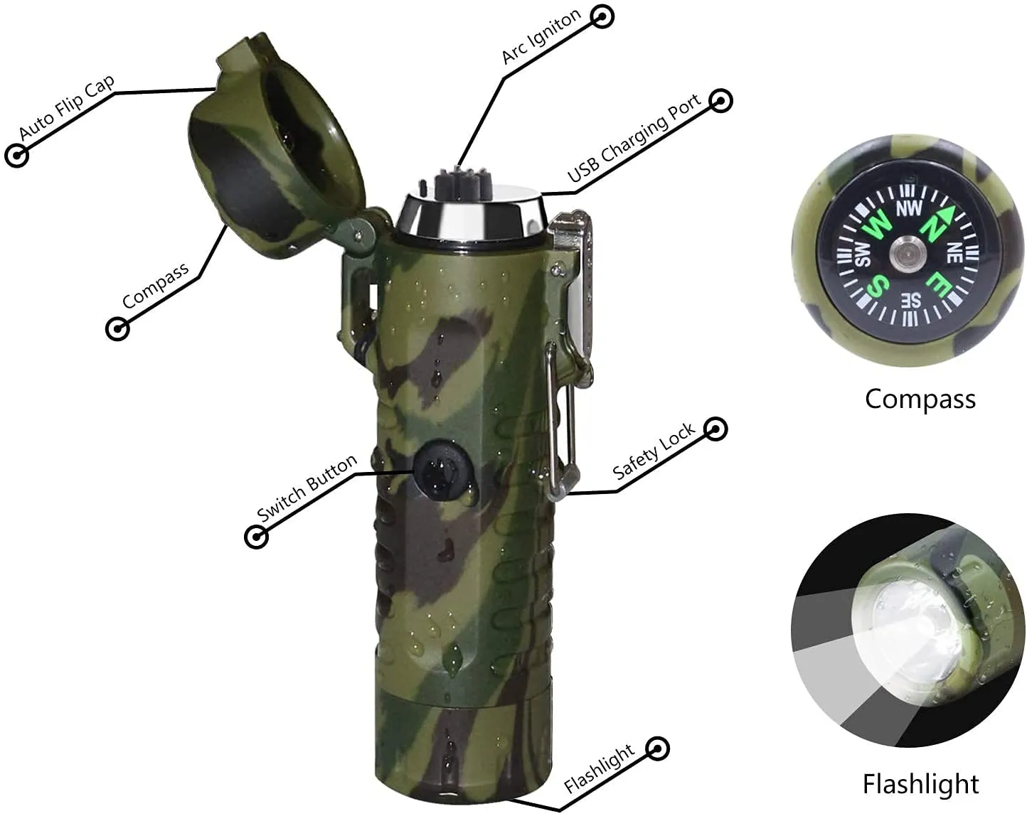 EzLife 3 in 1 Waterproof Rechargeable Electric Lighter with Flashlight & Compass, Dual Arc Plasma Beam Lighter-USB Rechargeable-Windproof-No Butane-Indoor & Outdoor Activities (Camouflage)