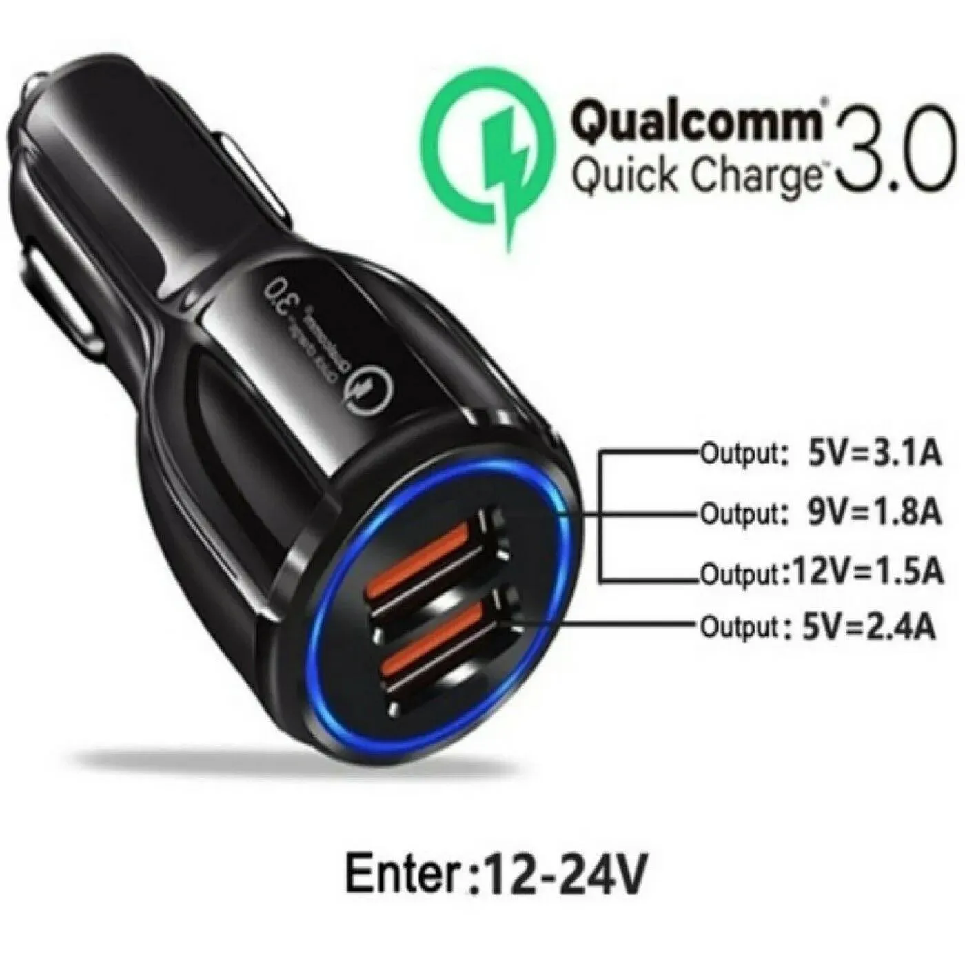 Fast QC 3.0 USB Car Charger Dual Port 12-24V Adapter Safety Tech