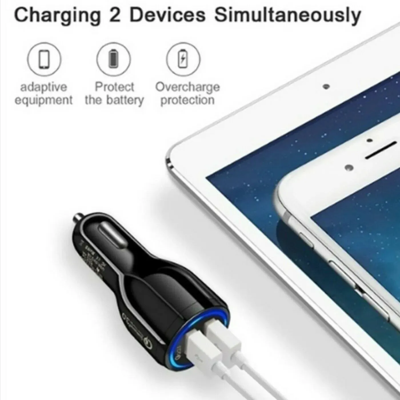 Fast QC 3.0 USB Car Charger Dual Port 12-24V Adapter Safety Tech