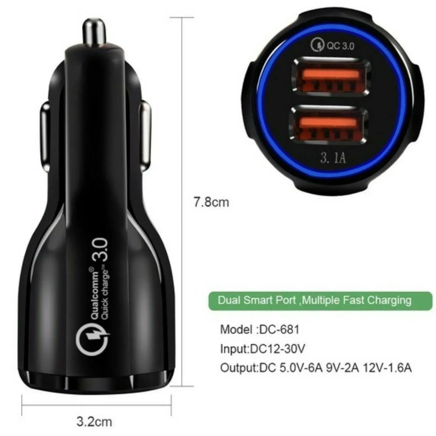 Fast QC 3.0 USB Car Charger Dual Port 12-24V Adapter Safety Tech