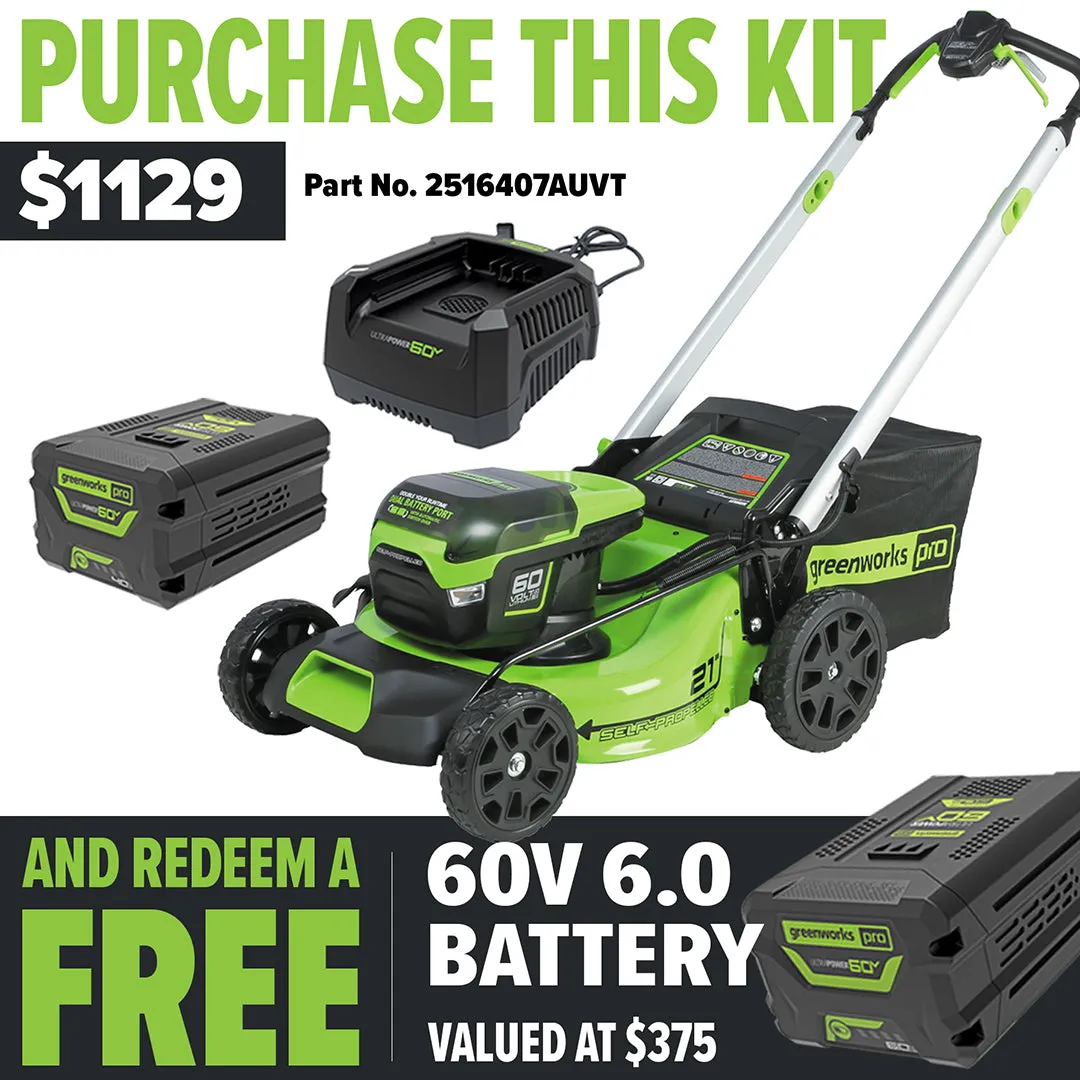 Greenworks 60v 21" (510mm) 6.0ah Battery Self Propelled Lawn Mower Kit