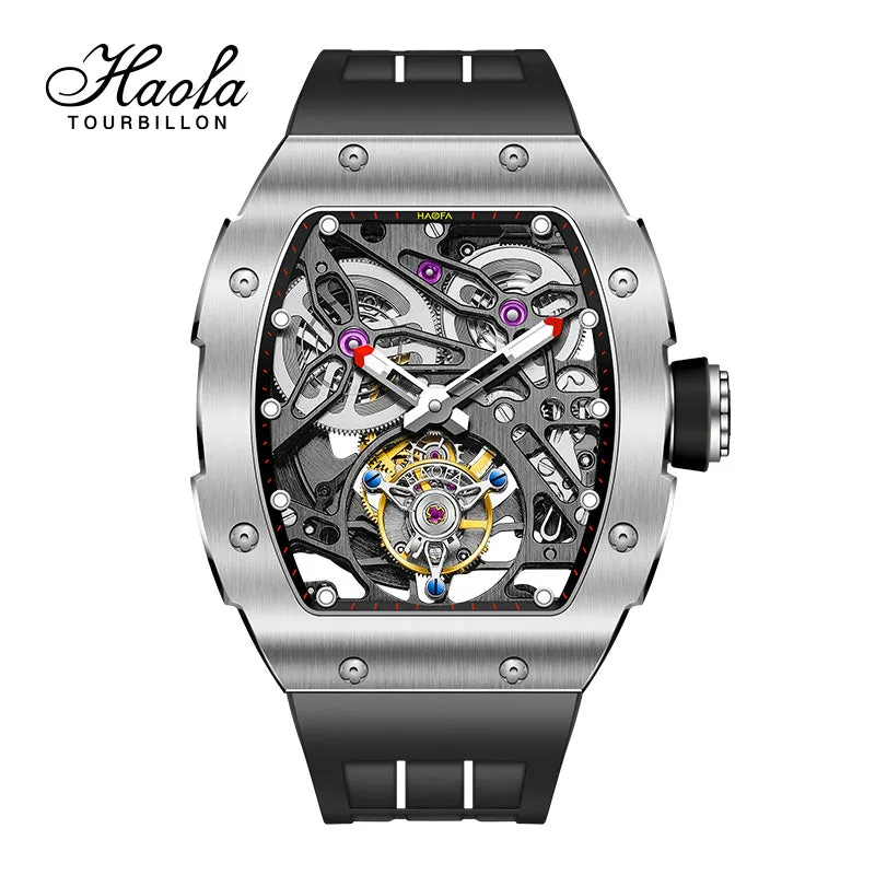 Haofa 1908 Automatic Tourbillon Double Spring 72 Hours power free sprung  balance wheel Wathces rubber strap Sapphire Crystal