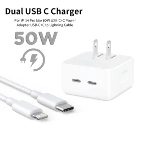 iPhone 14 Pro 2 Pin (Us Pin) 50w USB-C C Power Adapter With USB-C To Lightning Cable