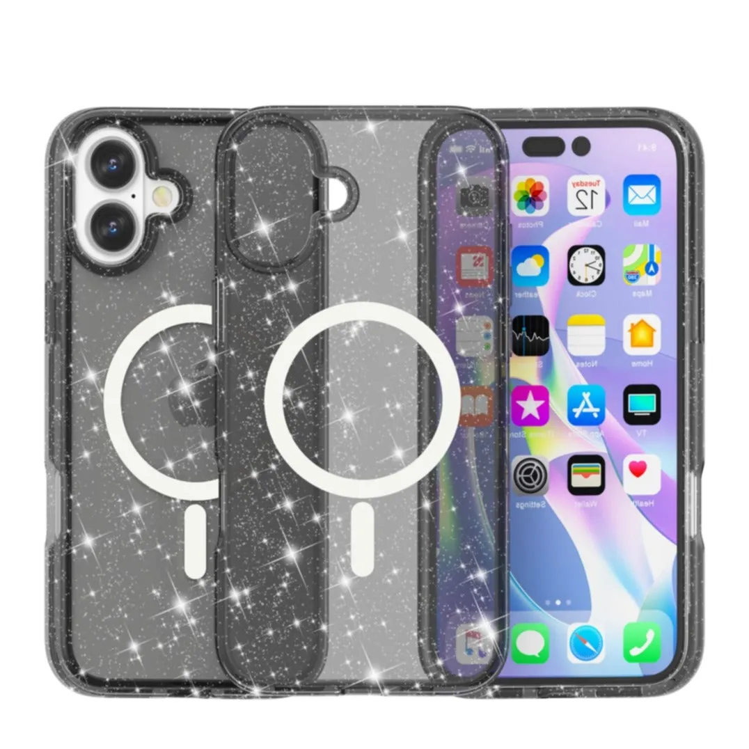 iPhone 16 MagSafe Hybrid Hardcase protective case in glitter design - black / transparent