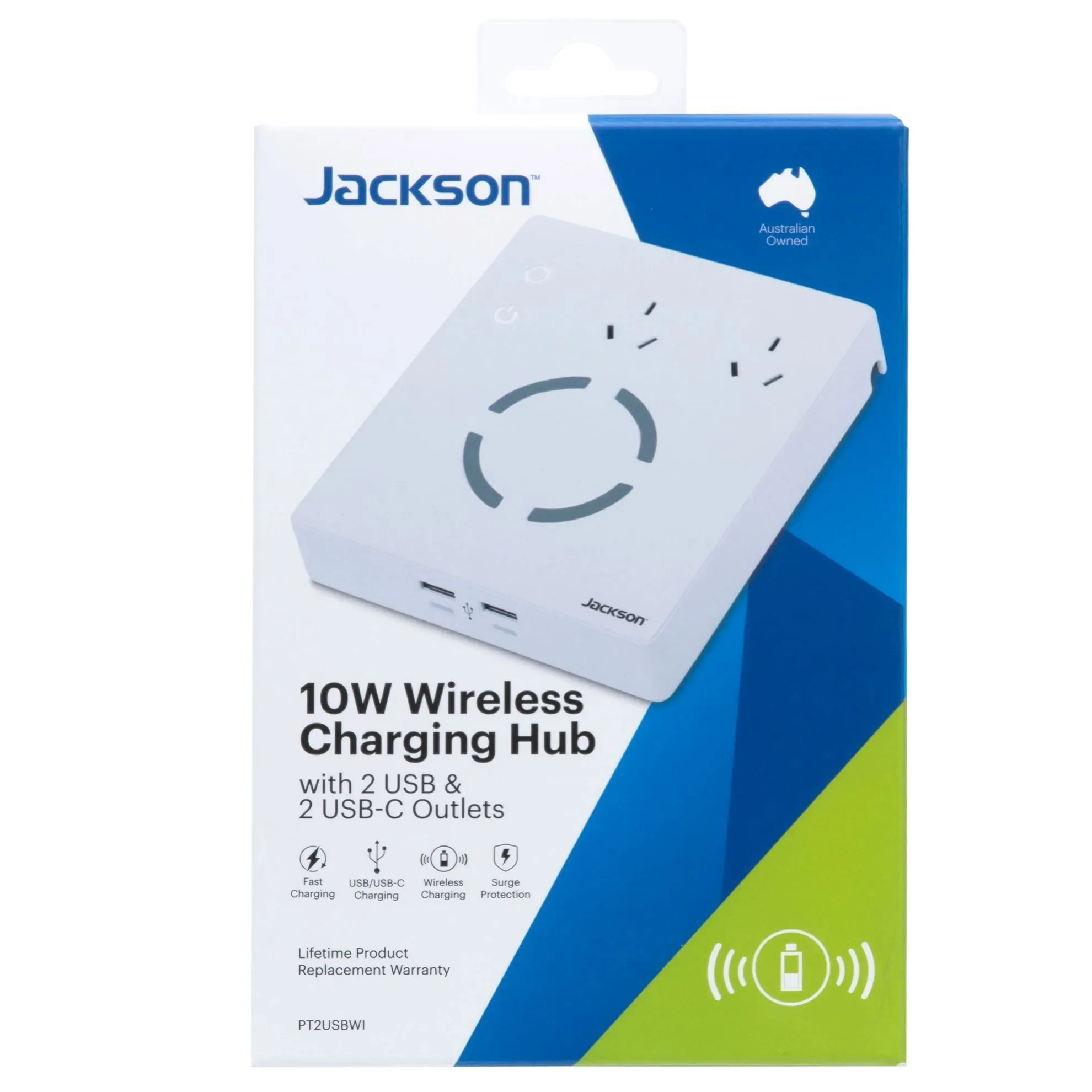 Jackson 10W Wireless Device Charging Hub, 2x USB-A, 2x USB-C, 2x 3-Pin Outlets, Surge Protection, Cable Management, 1.2m Lead