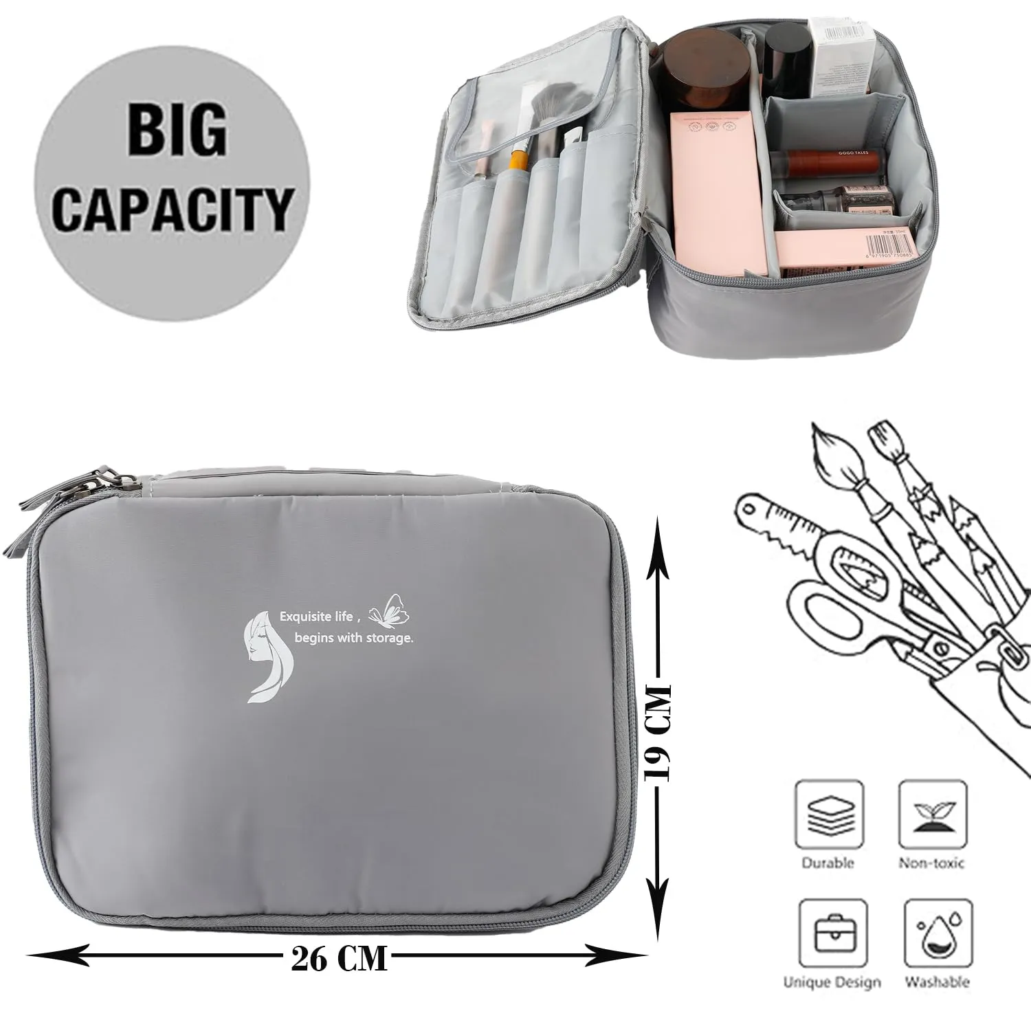 Kuber Industries Cosmetic Storage Case|Makeup Kit Box for Women|Pouch for Home & Travel|Two Compartment|Zipper Closure (Grey)