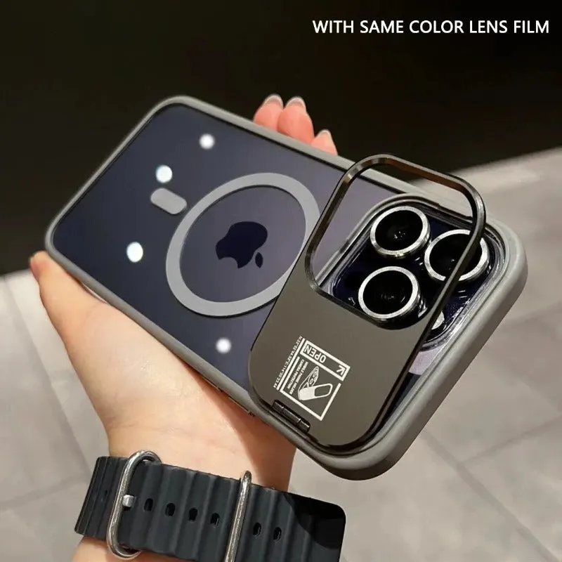 Metal Frame Holder Magnetic Phone  Case With Lens Ring Stand For iPhone