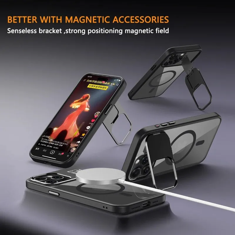 Metal Frame Holder Magnetic Phone  Case With Lens Ring Stand For iPhone