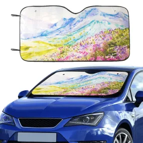 Mountain Windshield Car Sun Shade, Flowers Floral Watercolor Painting Accessories Auto Protector Window Visor Screen Cover Blocker Shield