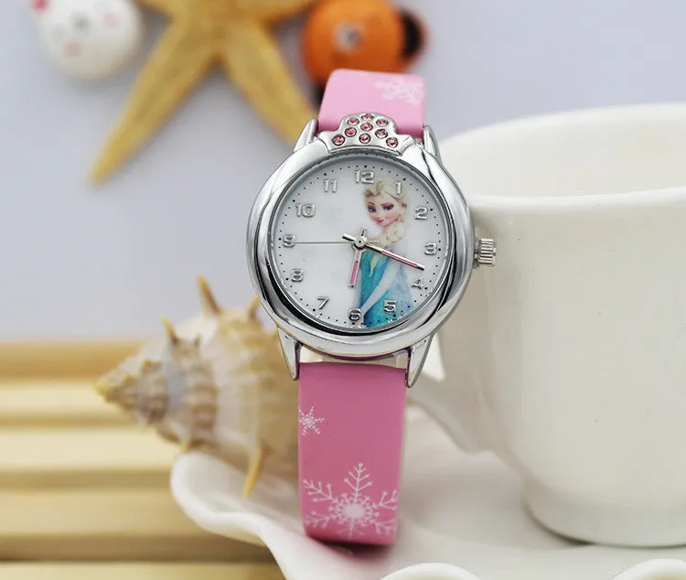 New Cartoon Children Watch Princess Elsa Anna Watches Fashion Girl Kids Student Cute Leather Sports Analog Wrist Watches