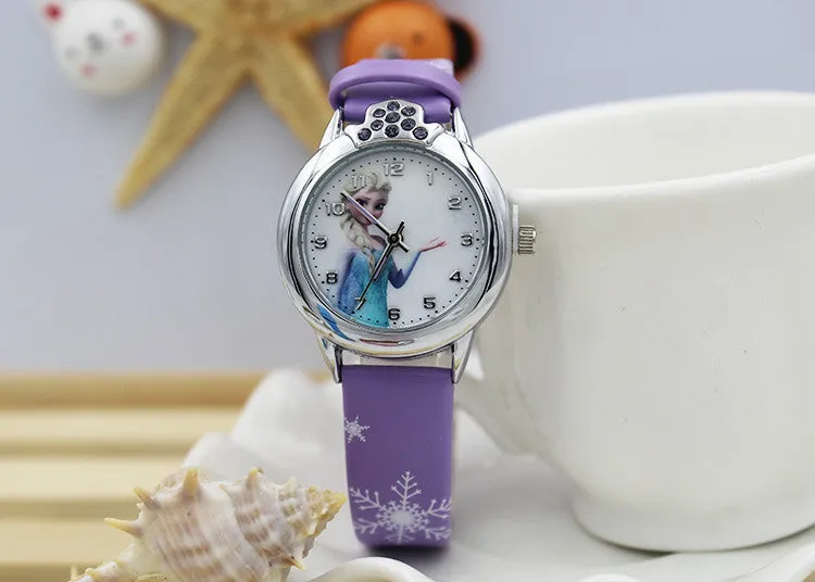 New Cartoon Children Watch Princess Elsa Anna Watches Fashion Girl Kids Student Cute Leather Sports Analog Wrist Watches