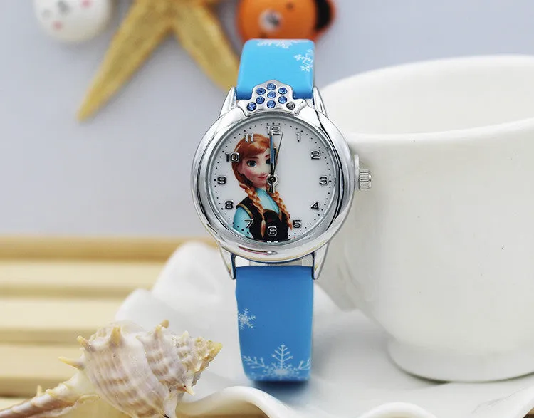 New Cartoon Children Watch Princess Elsa Anna Watches Fashion Girl Kids Student Cute Leather Sports Analog Wrist Watches