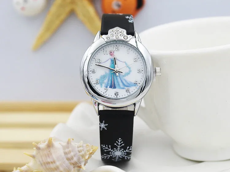 New Cartoon Children Watch Princess Elsa Anna Watches Fashion Girl Kids Student Cute Leather Sports Analog Wrist Watches