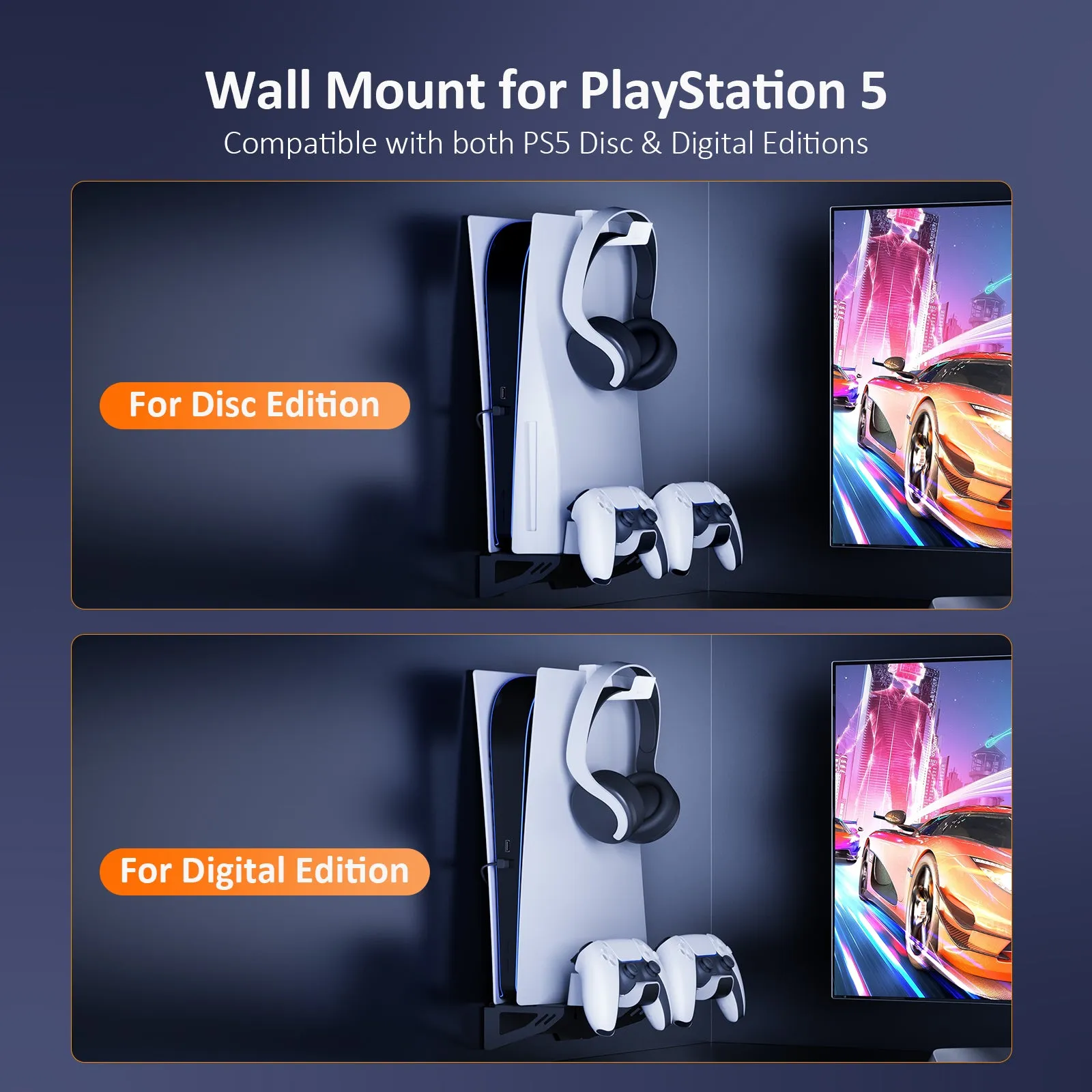 NexiGo Wall Mount with Controller Charger for PS5 (Disc & Digital)