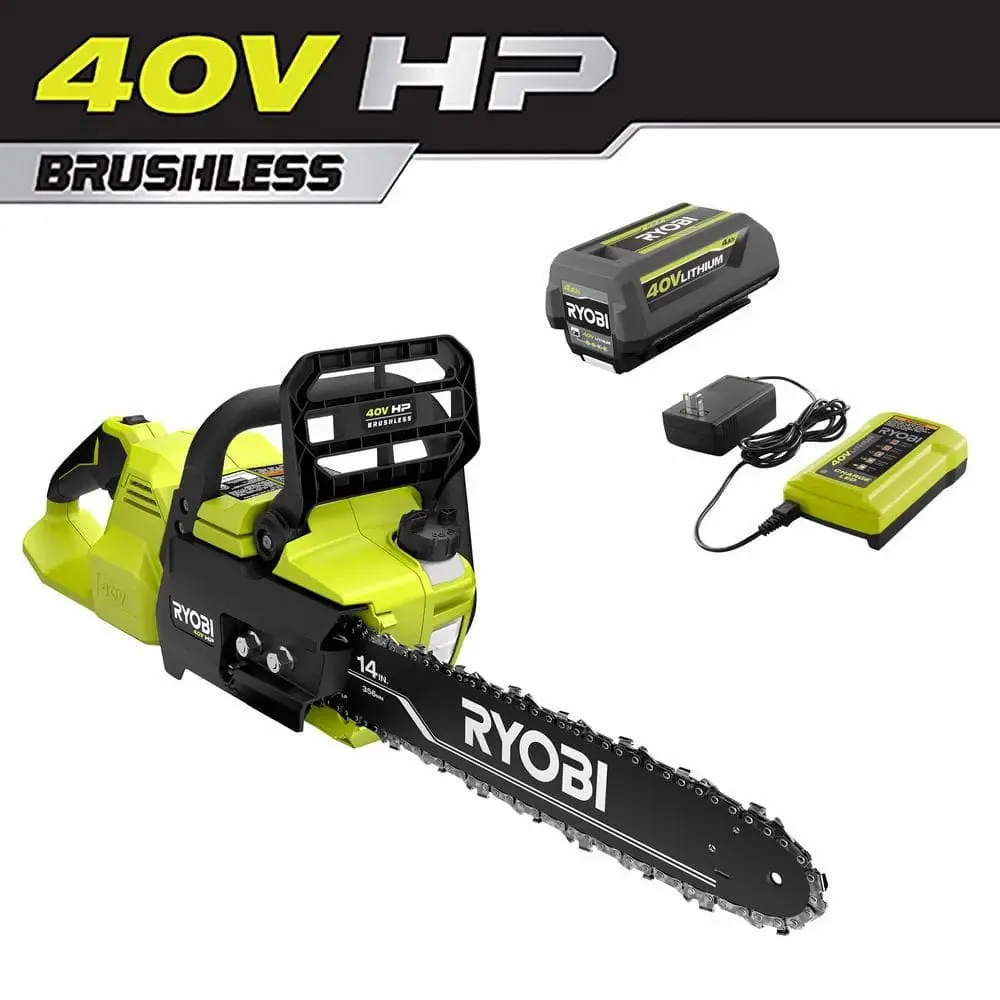 Open Box - RYOBI 40V HP Brushless 14 in. Electric Cordless Chainsaw with 4.0 Ah Battery and Charger