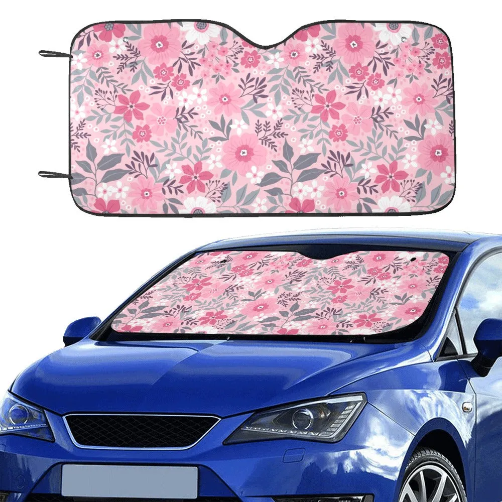 Pink Floral Cute Sun Windshield, Flowers Car SUV Accessories Auto Shade Protector Front Window Visor Women Girls Screen Cover Decor