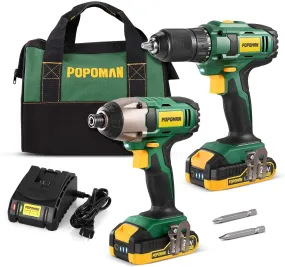 POPOMAN Drill Combo Kit, 20V 1600In-lbs Impact Driver, 398ln-lbs Cordless Drill, 1H Fast Charging, 2x2.0Ah Batteries, LED Work Light,2PCS Accessories for Drilling Wood, Metal and Plastic - BHD620B