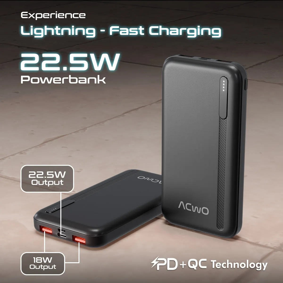 POwER 711 - 10000 mAh Fast Charging  Black Powerbank With 22.5W Output