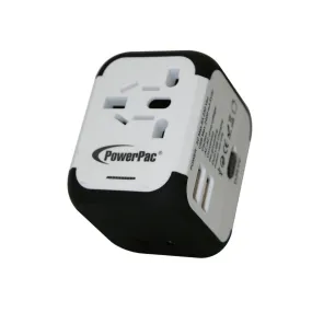 POWERPAC PP7971 MULTI TRAVEL ADAPTOR W/2XUSB CHARGER WHITE 2.5A