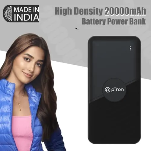 pTron Dynamo Classic 20000mAh 22.5W Power Bank, Supports VOOC/Wrap/Dash USB Charging, 20W PD Fast Charging, 3 Outputs, 2 Inputs Type-C/PD & Micro USB, Multi Layers of Protection (Black)