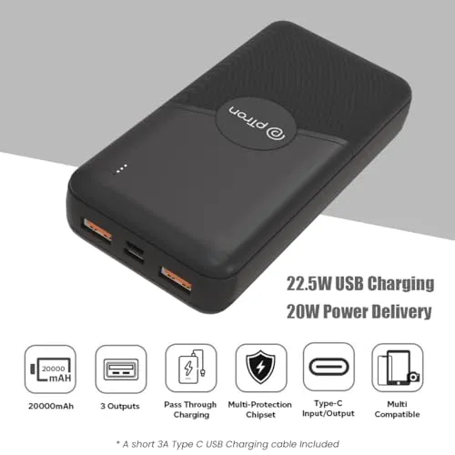 pTron Dynamo Classic 20000mAh 22.5W Power Bank, Supports VOOC/Wrap/Dash USB Charging, 20W PD Fast Charging, 3 Outputs, 2 Inputs Type-C/PD & Micro USB, Multi Layers of Protection (Black)