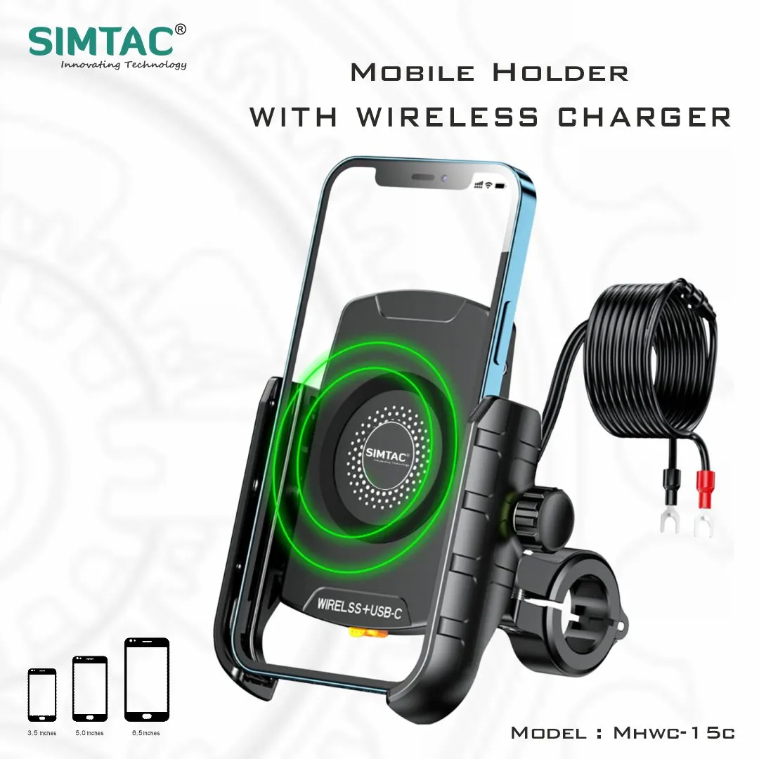 SIMTAC Mobile Holder Wireless Charger With USB C Bikes/ Scooters| MHWC-15C