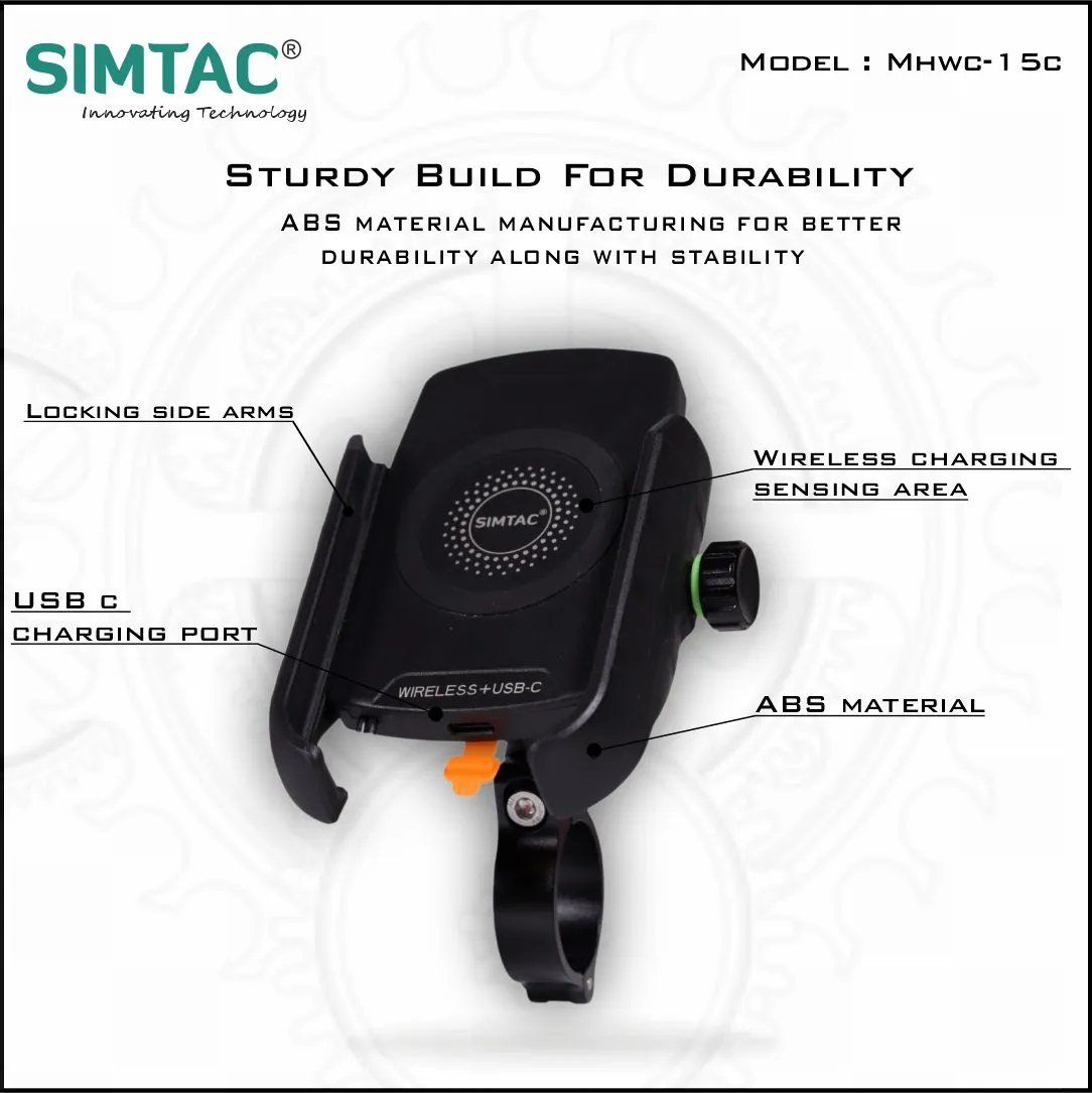 SIMTAC Mobile Holder Wireless Charger With USB C Bikes/ Scooters| MHWC-15C