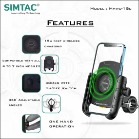 SIMTAC Mobile Holder Wireless Charger With USB C Bikes/ Scooters| MHWC-15C