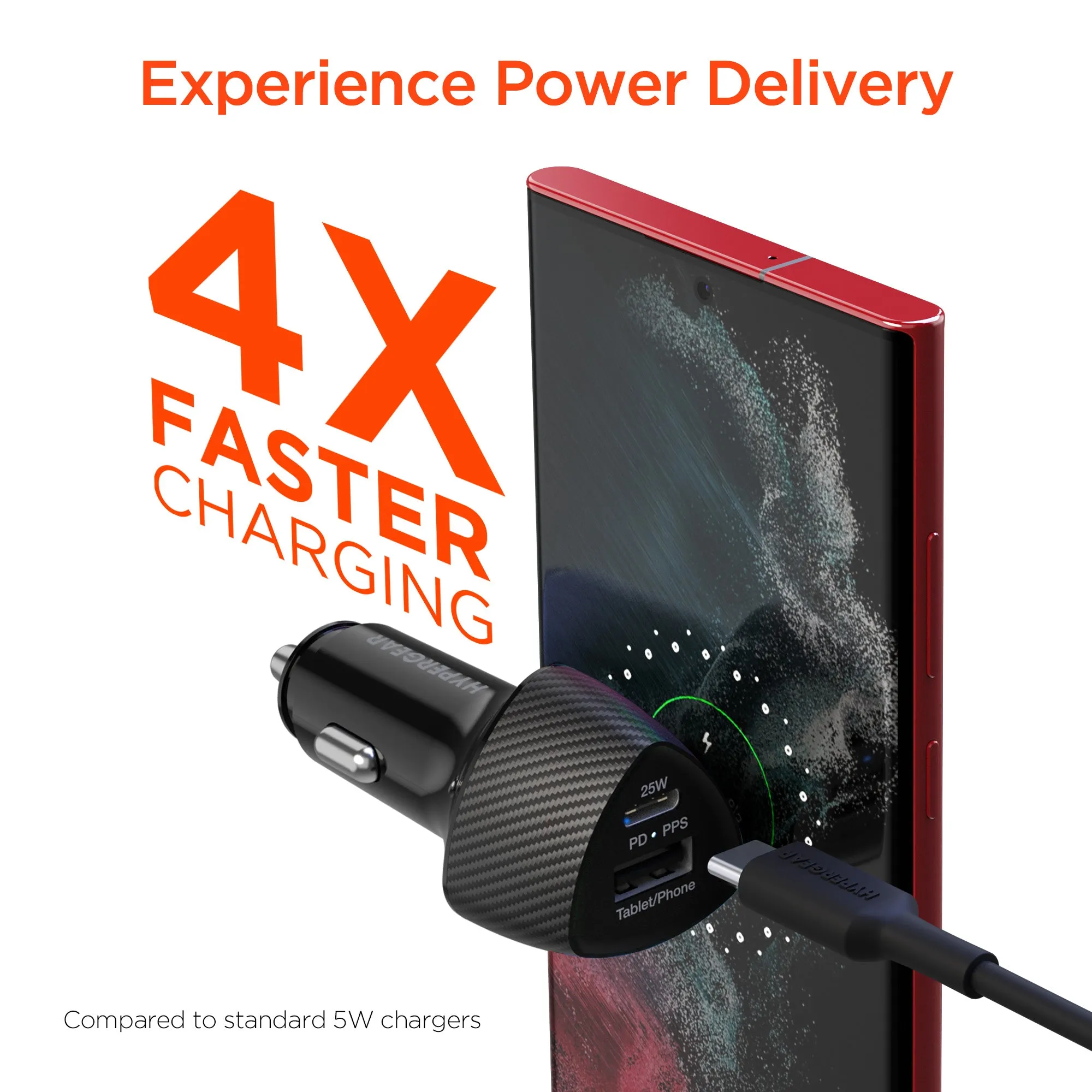 SpeedBoost 25W USB-C PD   12W USB Fast Car Charger with PPS | Includes 4ft USB-C Cable | Black